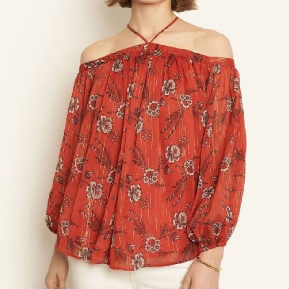 Ann Taylor Rust Floral Off the Shoulder Blouse